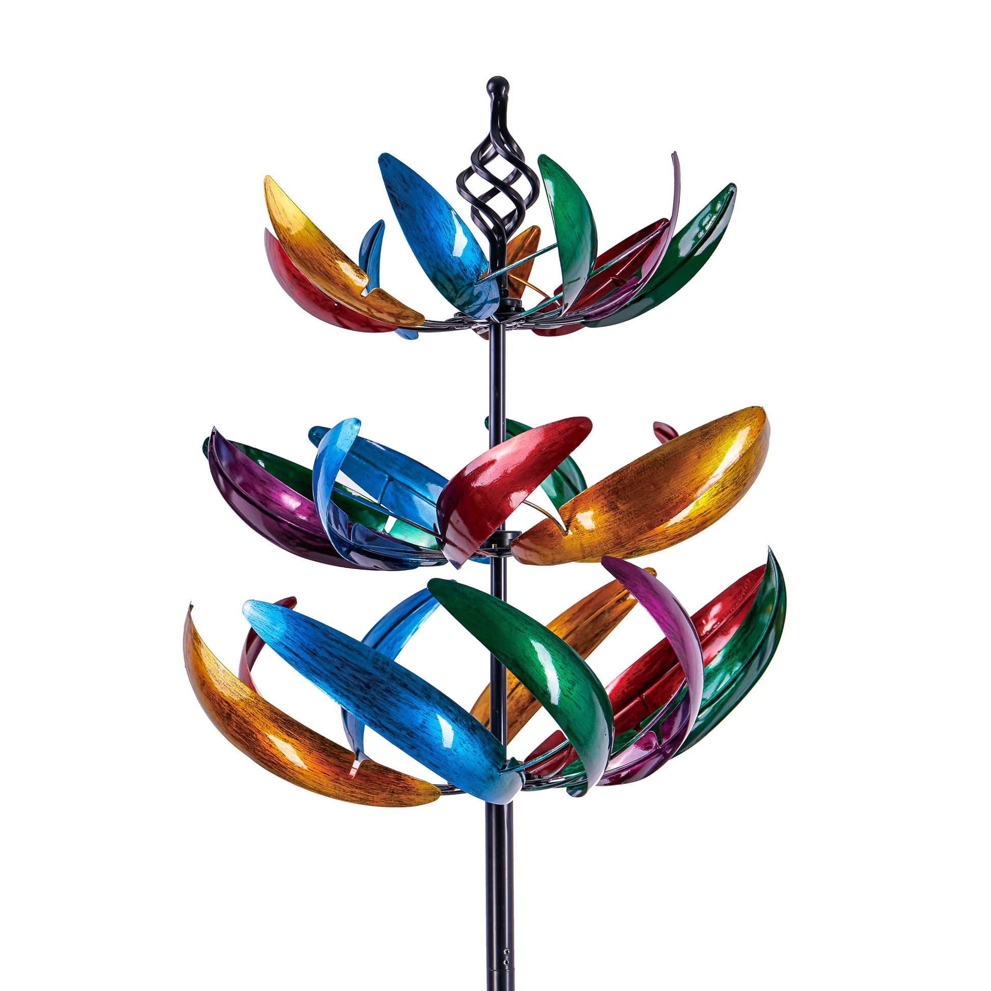 84-inch three-tier wind spinner with multi-colored curved blades around a central black rod on Tampa Home & Garden Store