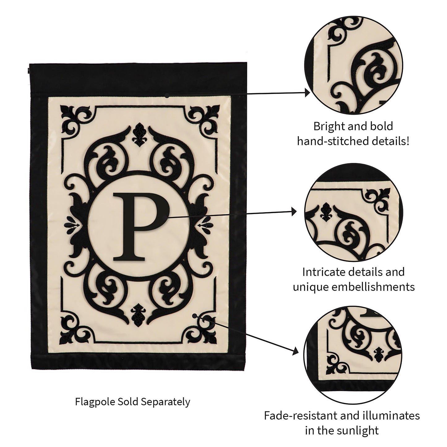Cambridge Monogram Garden Applique Flag Letter P cream with black ornate monogram by Evergreen on Tampa Home & Garden Store