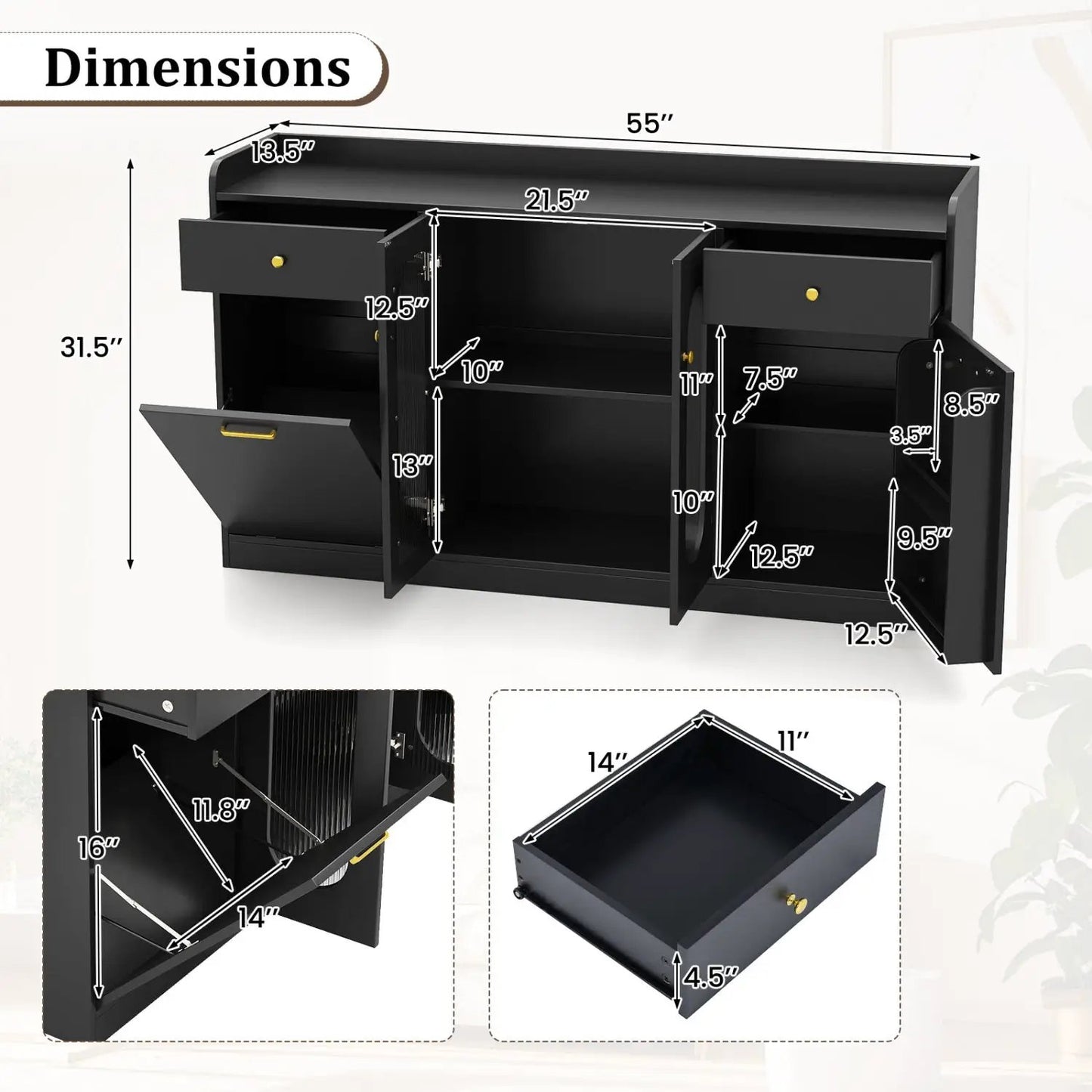 Large Buffet Cabinet Hidden Tilt Out Trash Can
