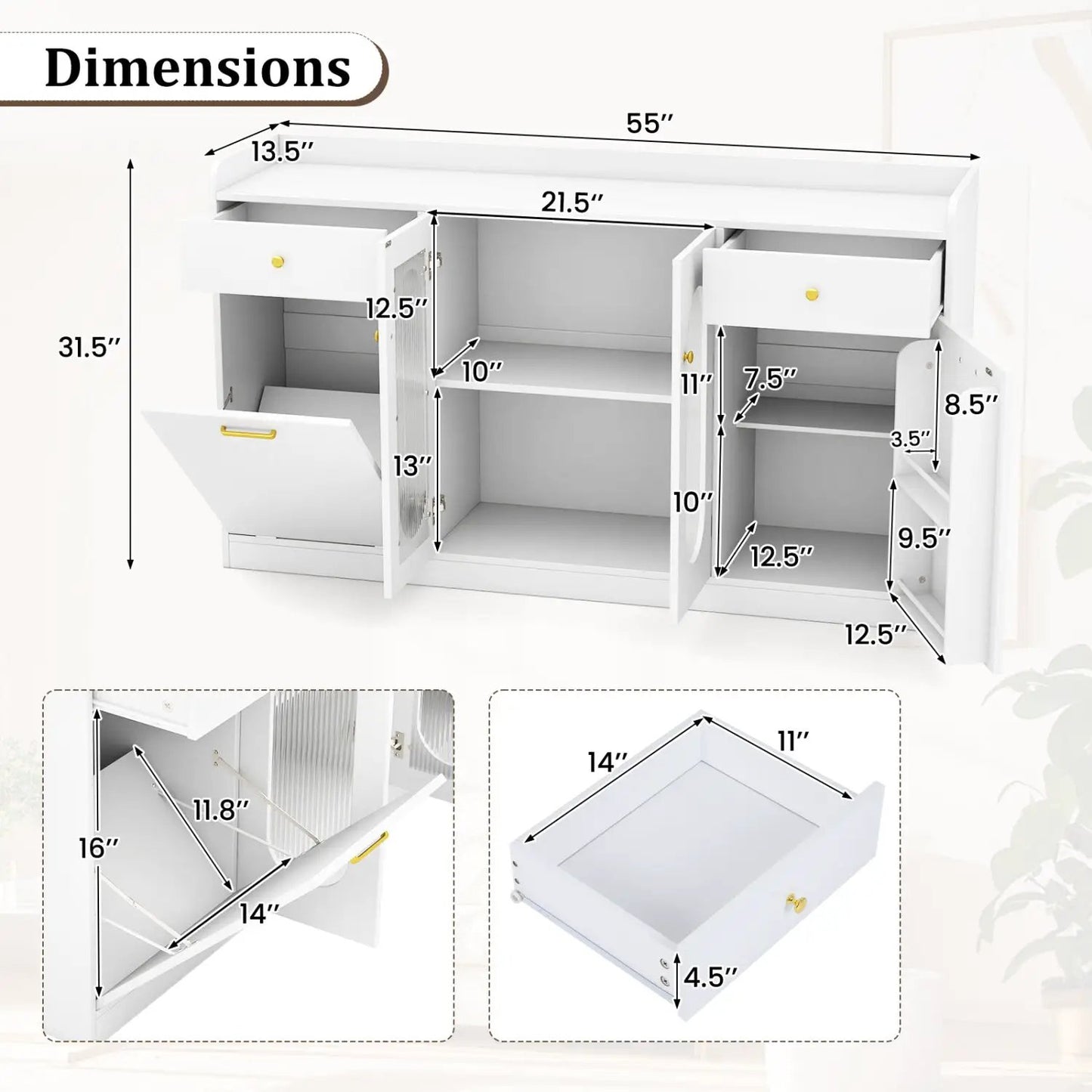 Large Buffet Cabinet Hidden Tilt Out Trash Can