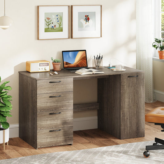 53 Inches Computer Desk with Power Outlets and 4 Storage Drawers-Gray - Tampa Home & Garden Store