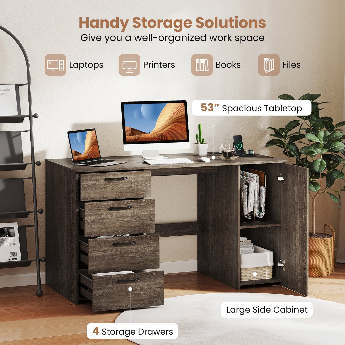 53 Inches Computer Desk with Power Outlets and 4 Storage Drawers-Gray