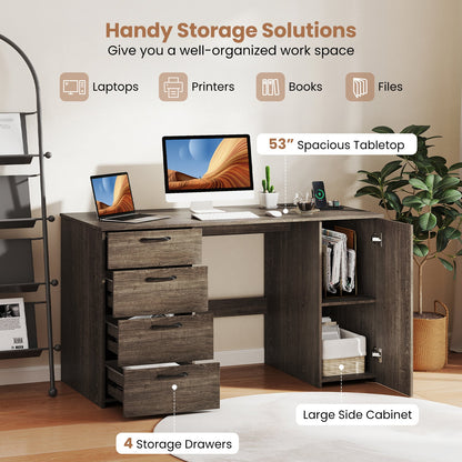 53 Inches Computer Desk with Power Outlets and 4 Storage Drawers-Gray