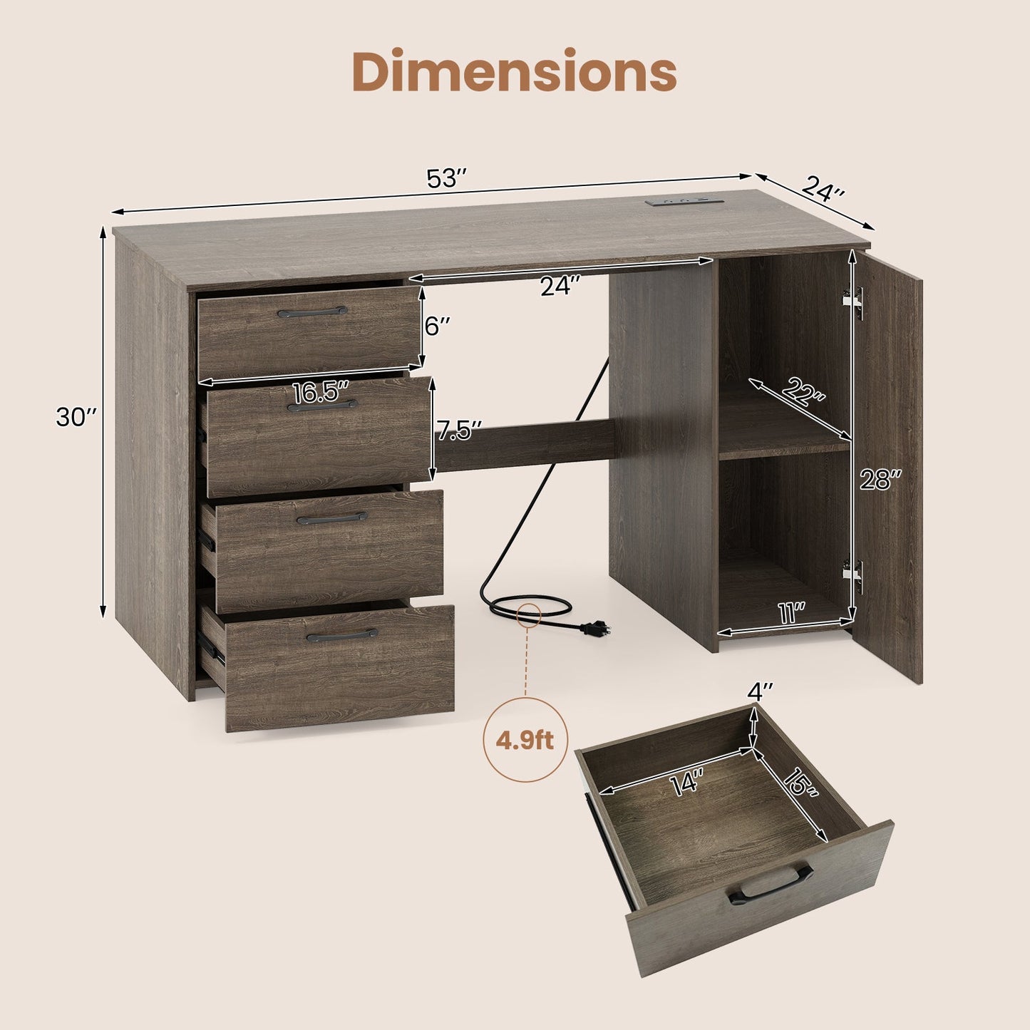 53 Inches Computer Desk with Power Outlets and 4 Storage Drawers-Gray