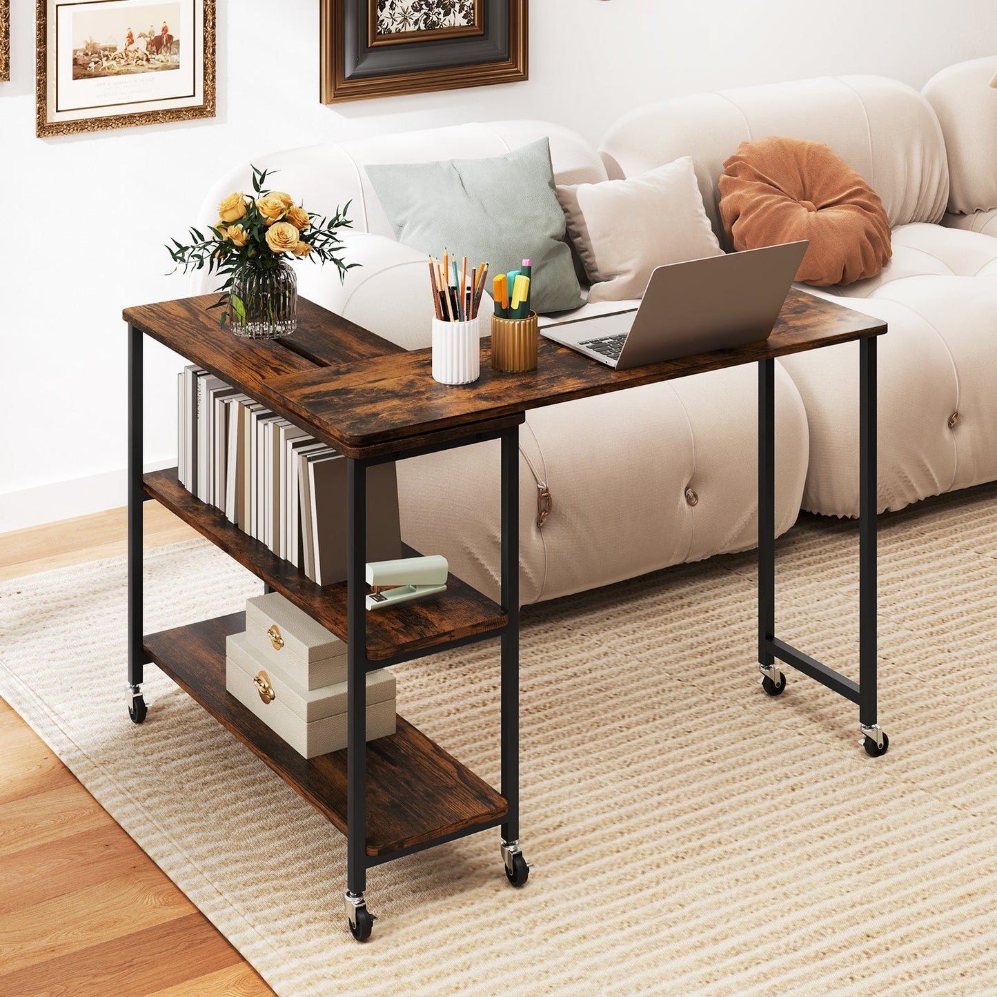 Large 360-Degree Free Rotating Sofa Side Table with Wheels and Storage Shelf-Rustic Brown