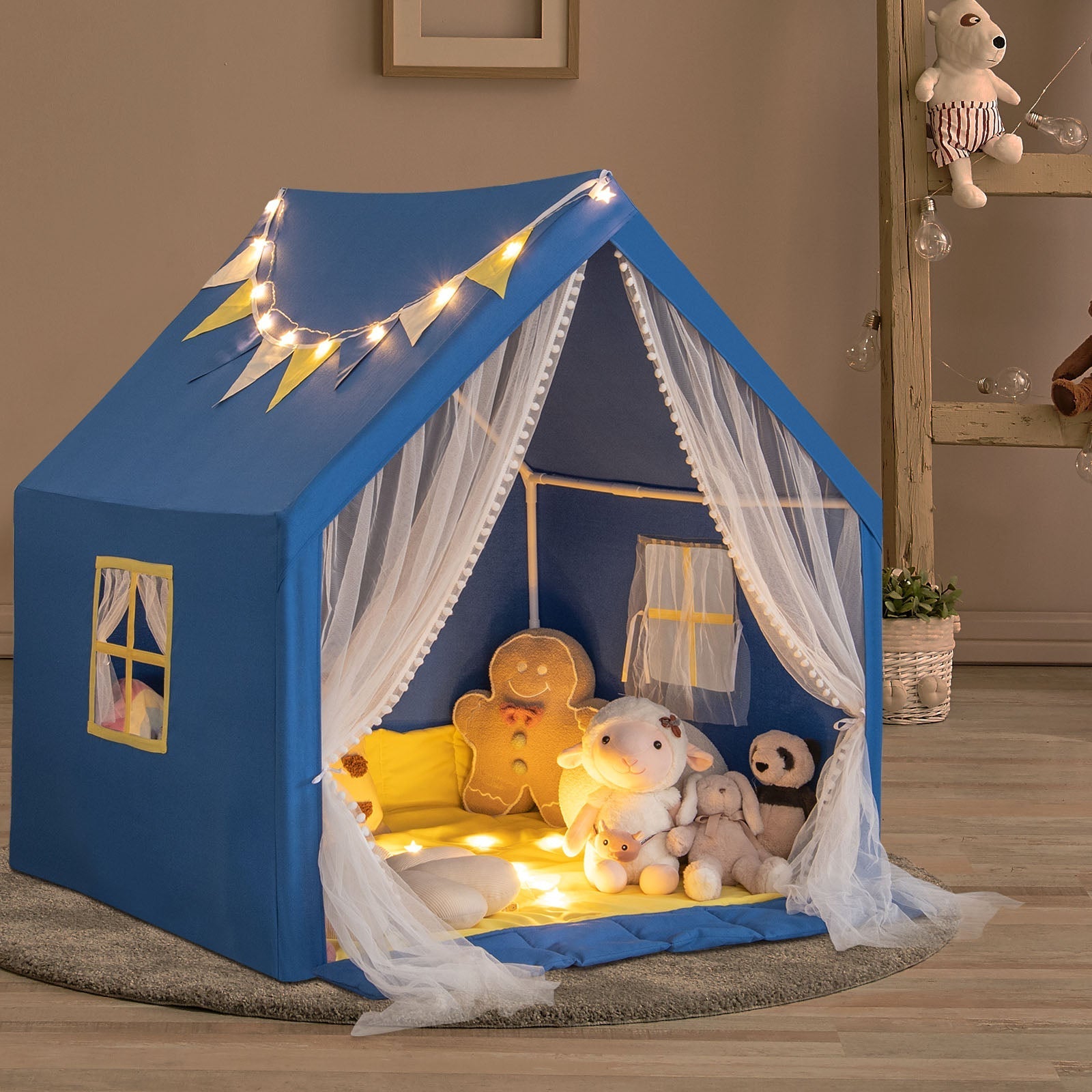 GemGear blue play tent with washable cotton mat, sheer net curtains and string lights on Tampa Home & Garden Store