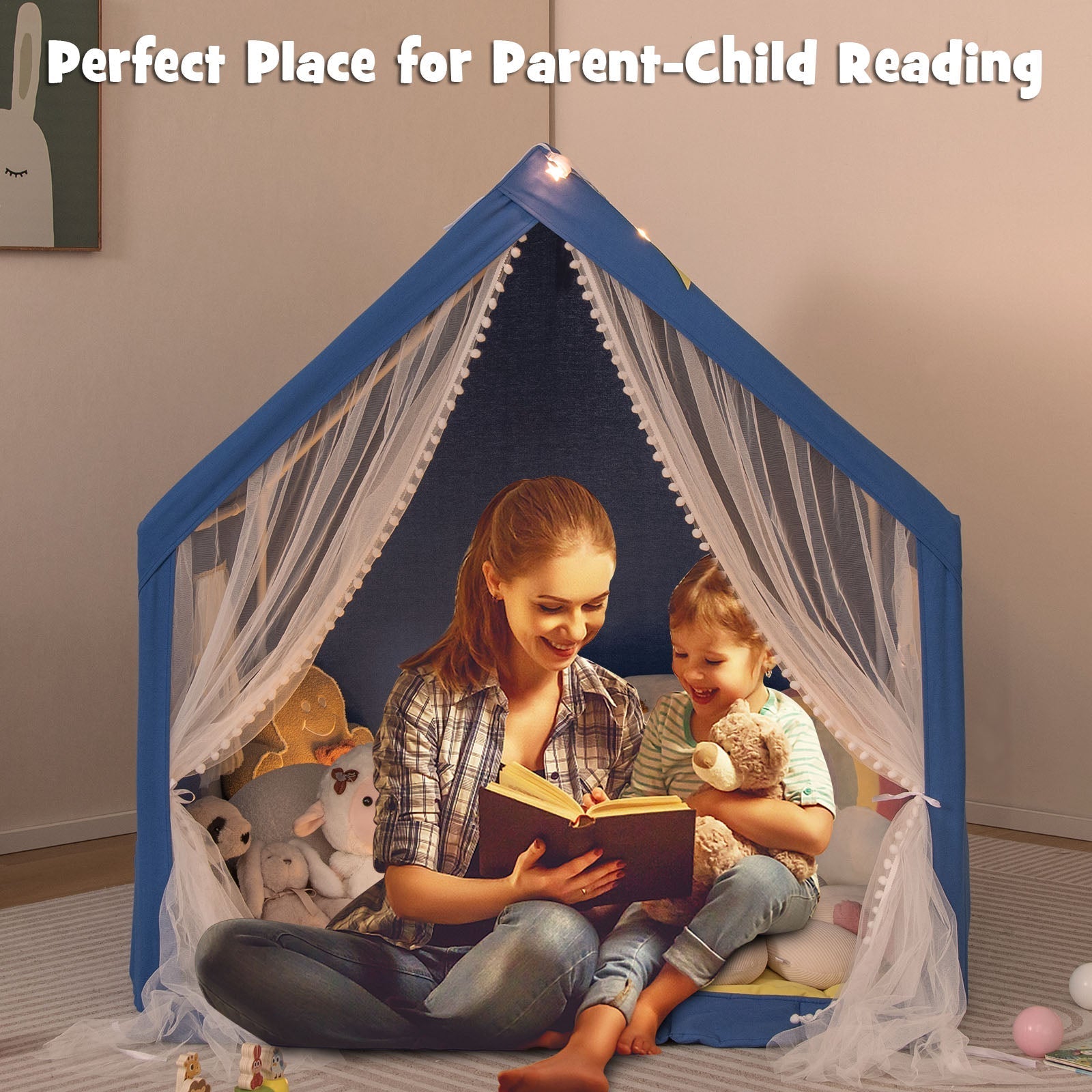 Large blue play tent by GemGear with sheer white curtains 48 x 42 x 50 kids reading inside on Tampa Home & Garden Store