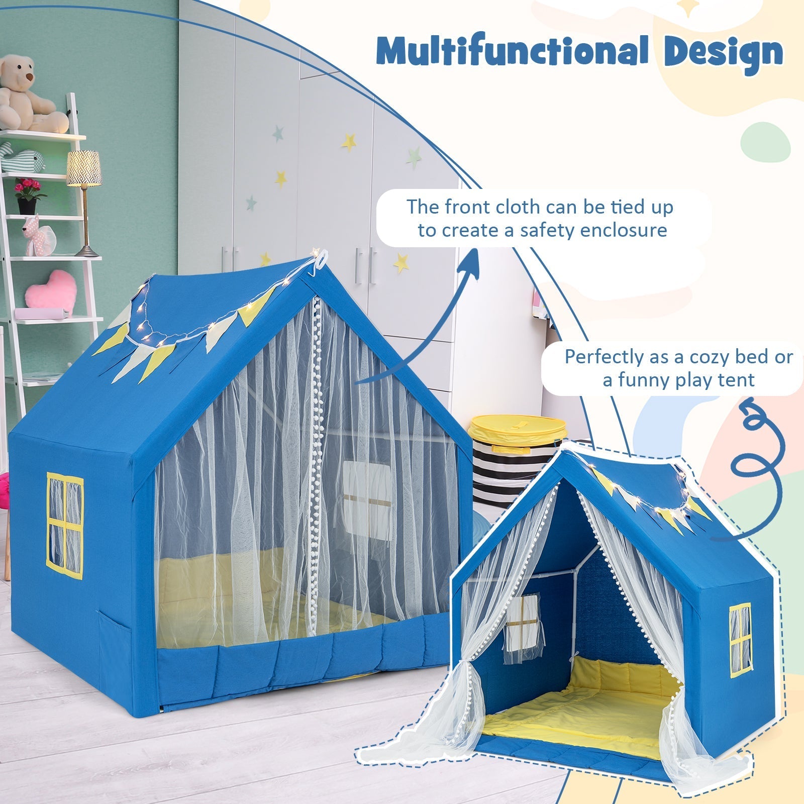 GemGear blue kids play tent with mesh curtains and yellow windows, washable cotton mat on Tampa Home & Garden Store