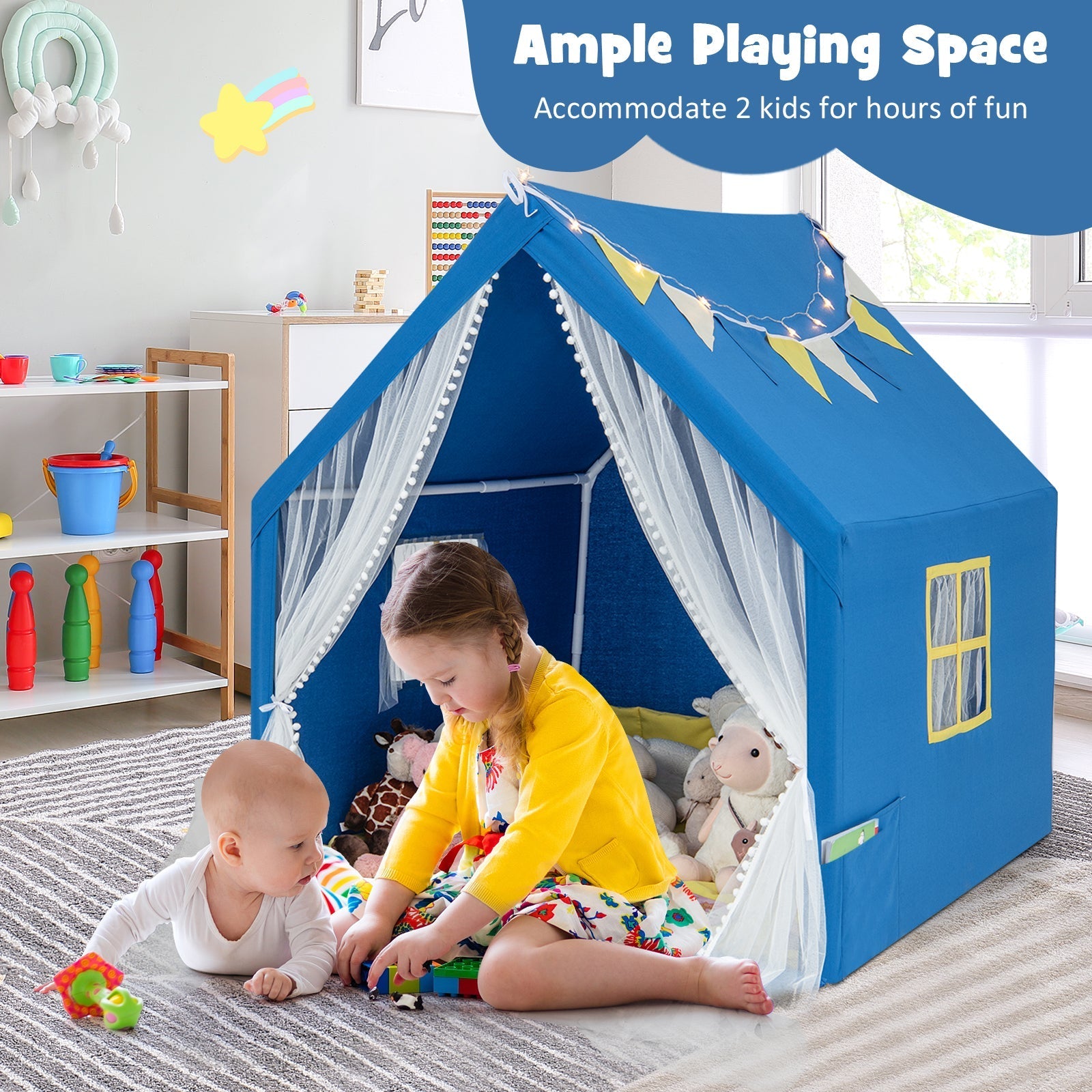 GemGear large blue play tent with washable cotton mat and sheer curtains on Tampa Home & Garden Store