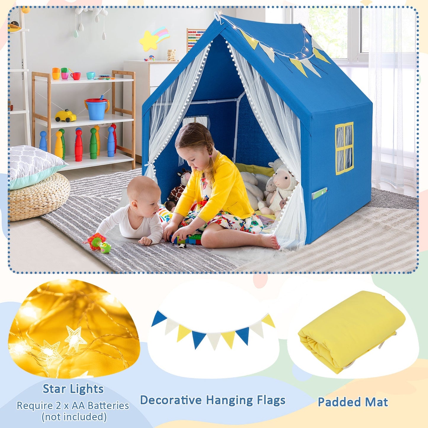 GemGear 48 x 42 x 50 inch blue play tent with washable cotton mat, mesh curtains, pennant banner on Tampa Home & Garden Store