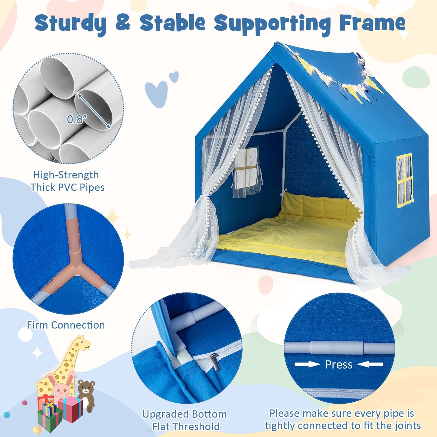Blue kids' play tent with washable cotton mat and sheer curtains, 48 x 42 x 50 in on Tampa Home & Garden Store