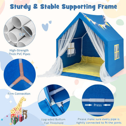 Blue kids' play tent with washable cotton mat and sheer curtains, 48 x 42 x 50 in on Tampa Home & Garden Store