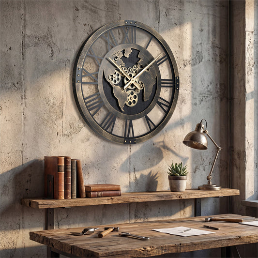 Large Wall Clock 27" Gear Clock with World Map-Brown