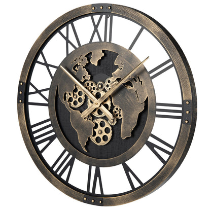 Large Wall Clock 27" Gear Clock with World Map-Brown