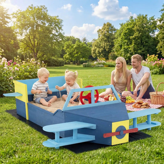 Wooden Airplane Sandbox with bench seat, blue with yellow accents, DirectDeals on Tampa Home & Garden Store