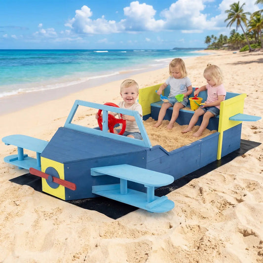 Wooden airplane sandbox with bench seat and bottom liner blue and yellow DirectDeals on Tampa Home & Garden Store