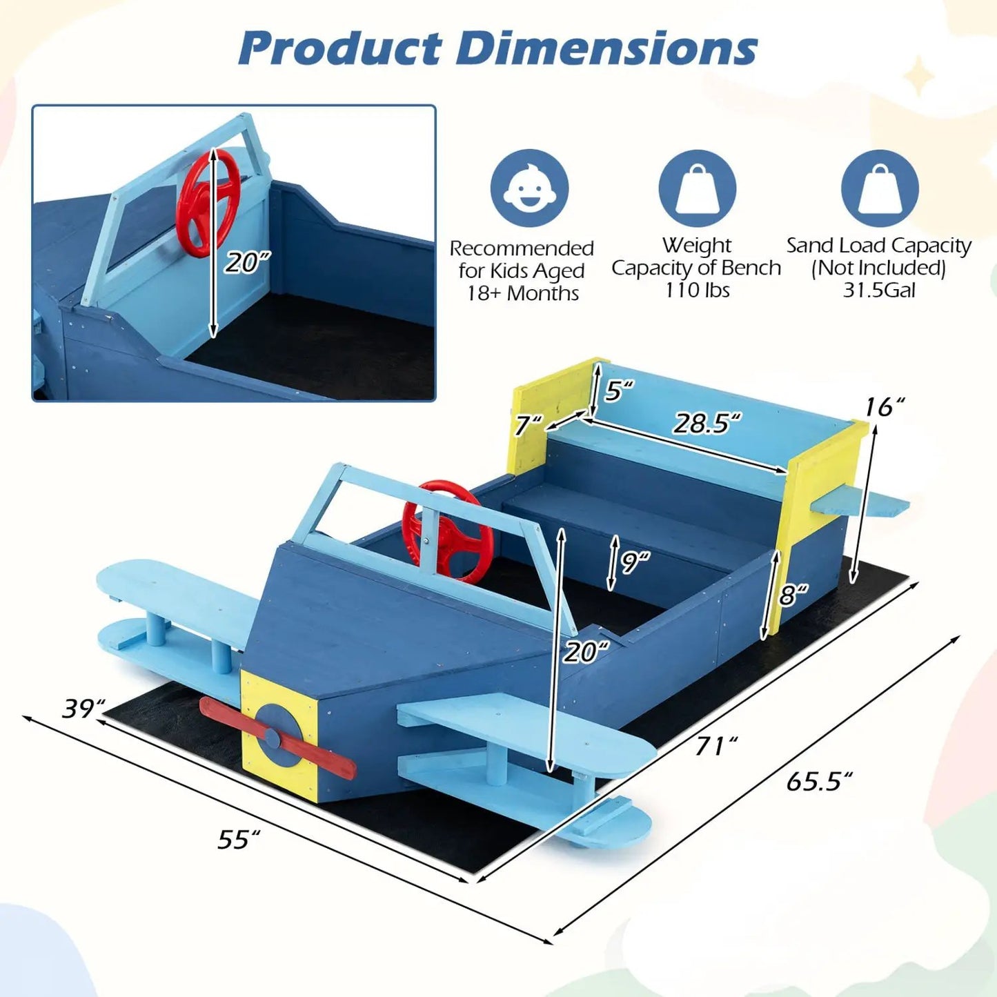 Large Wooden Sandbox with Bench Seat for Kids