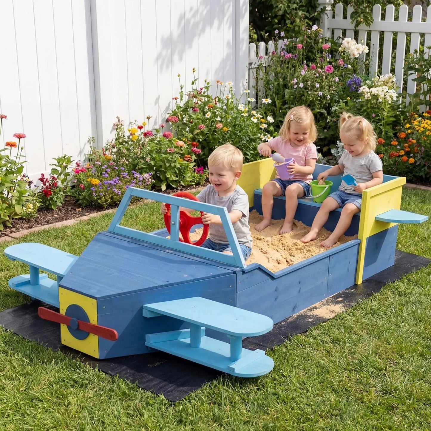 Large Wooden Sandbox with Bench Seat for Kids