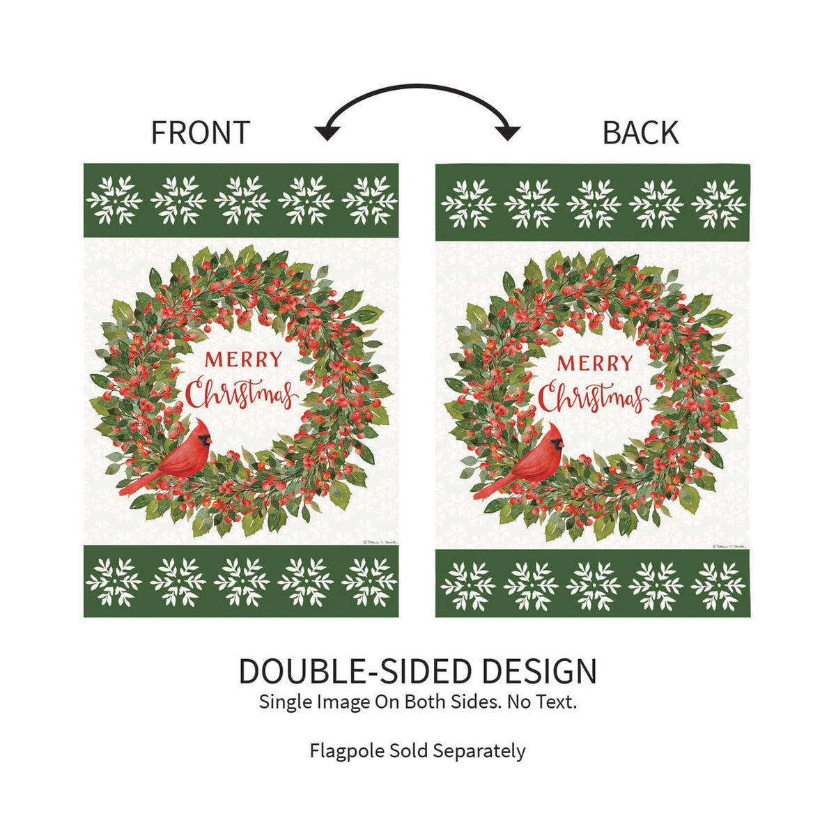 Christmas Cardinal Moire Garden Flag double-sided with cardinal wreath and green moire border on Tampa Home & Garden Store