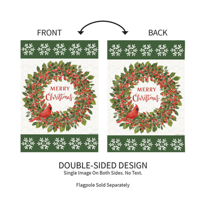 Christmas Cardinal Moire Garden Flag double-sided with cardinal wreath and green moire border on Tampa Home & Garden Store