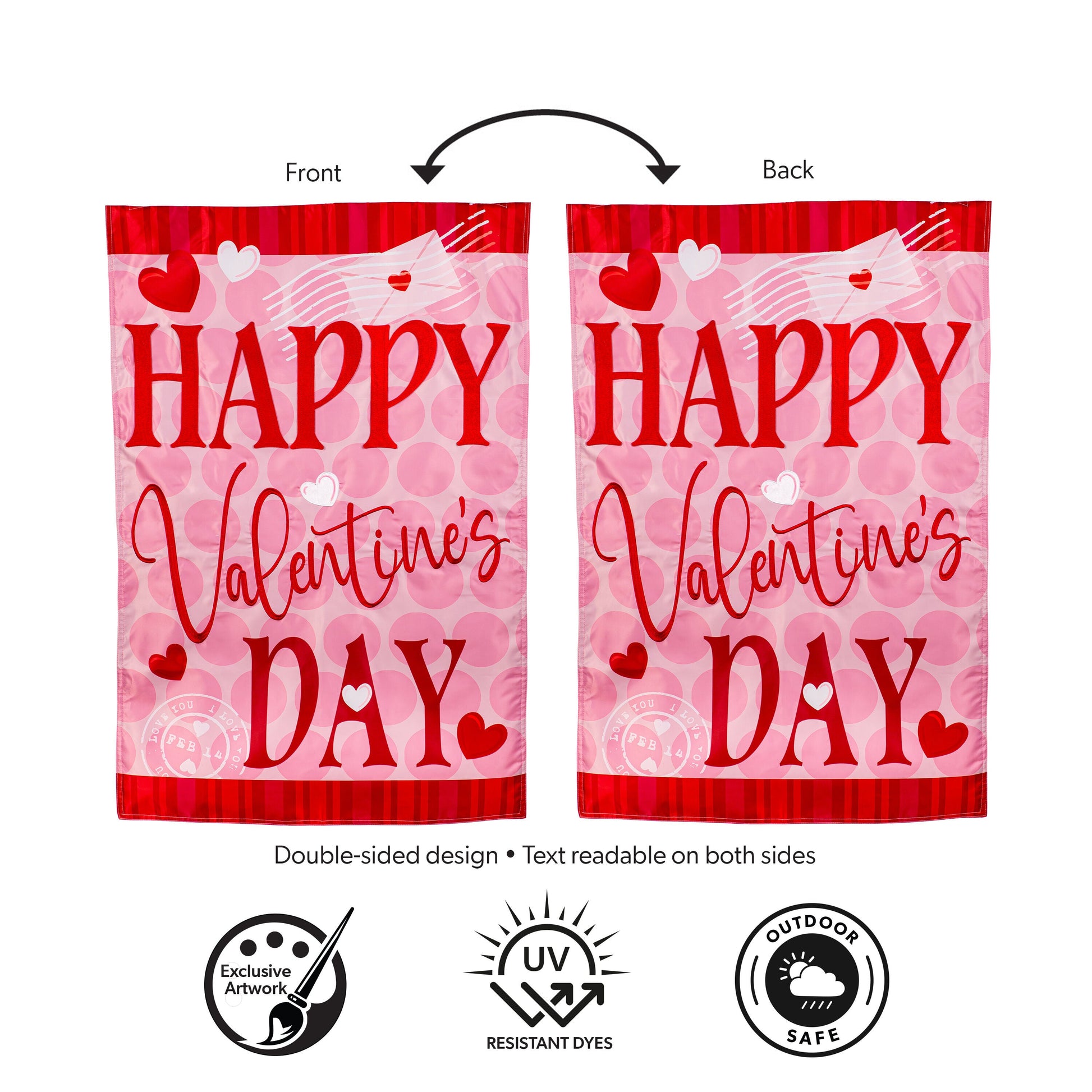 Happy Valentine's Day Hearts Applique House Flags pair in pink and red, double-sided design on Tampa Home & Garden Store