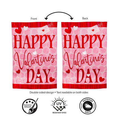 Happy Valentine's Day Hearts Applique House Flags pair in pink and red, double-sided design on Tampa Home & Garden Store