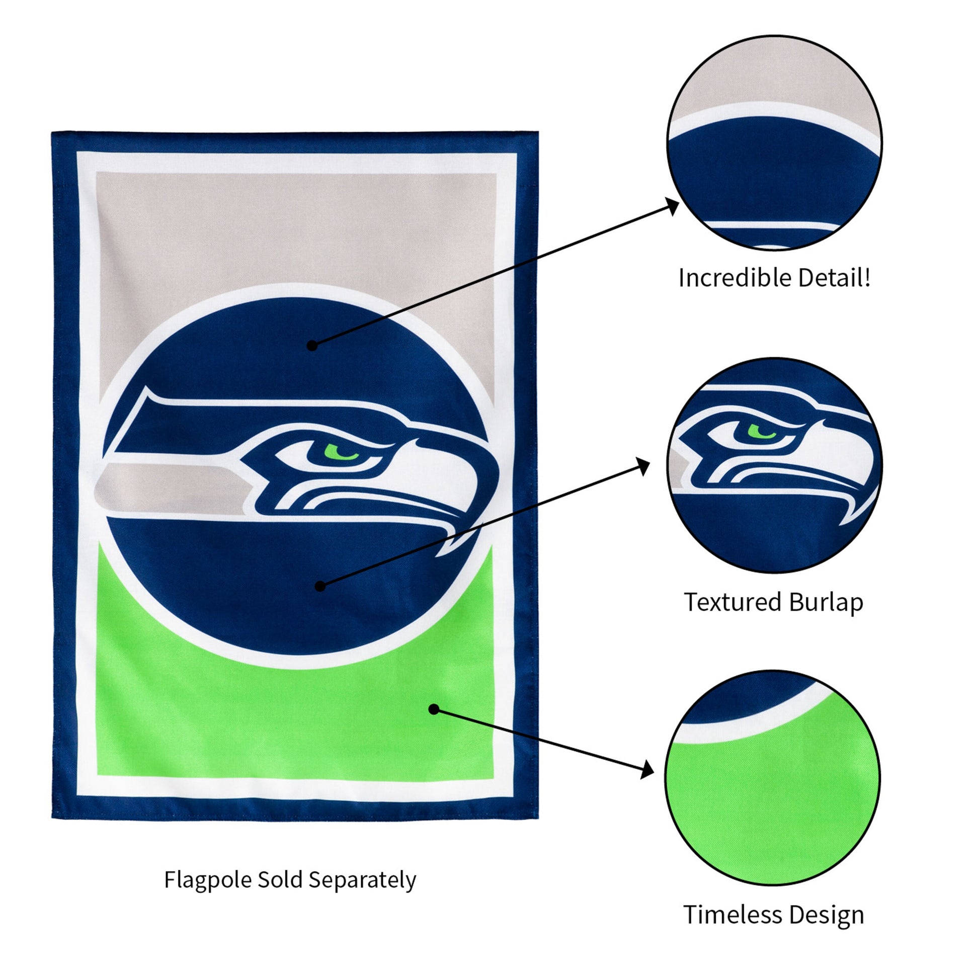 Flag Burlap Seattle Seahawks design by Evergreen Enterprises; blue border, green gradient inset on Tampa Home & Garden Store