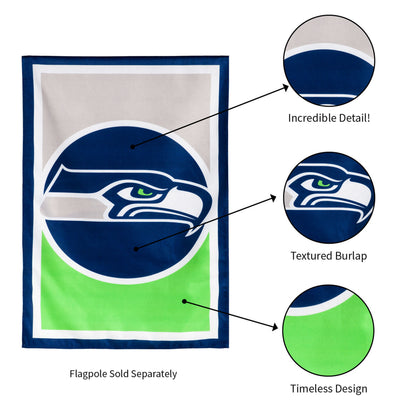 Flag Burlap Seattle Seahawks design by Evergreen Enterprises; blue border, green gradient inset on Tampa Home & Garden Store