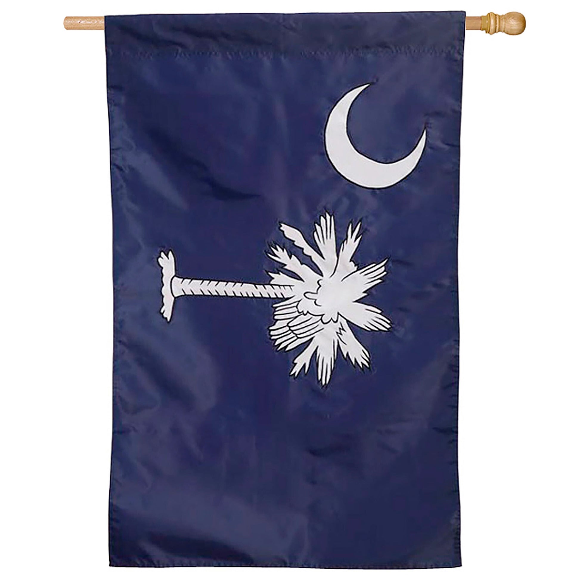 South Carolina applique flag on blue field with crescent and palmetto tree, wooden pole on Tampa Home & Garden Store