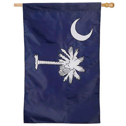 South Carolina applique flag on blue field with crescent and palmetto tree, wooden pole on Tampa Home & Garden Store