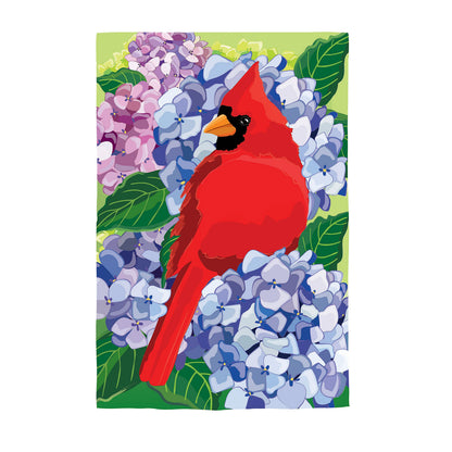 Red Cardinal and Hydrangeas applique garden flag, cardinal amid hydrangeas by Evergreen on Tampa Home & Garden Store