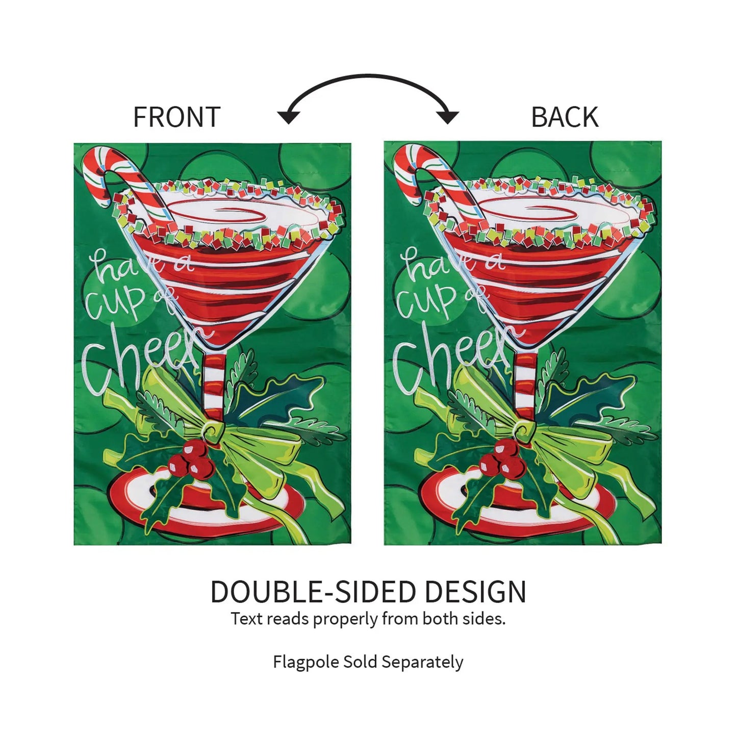 Have a Cup of Cheer flag with candy cane and festive cup on green background double-sided on Tampa Home & Garden Store