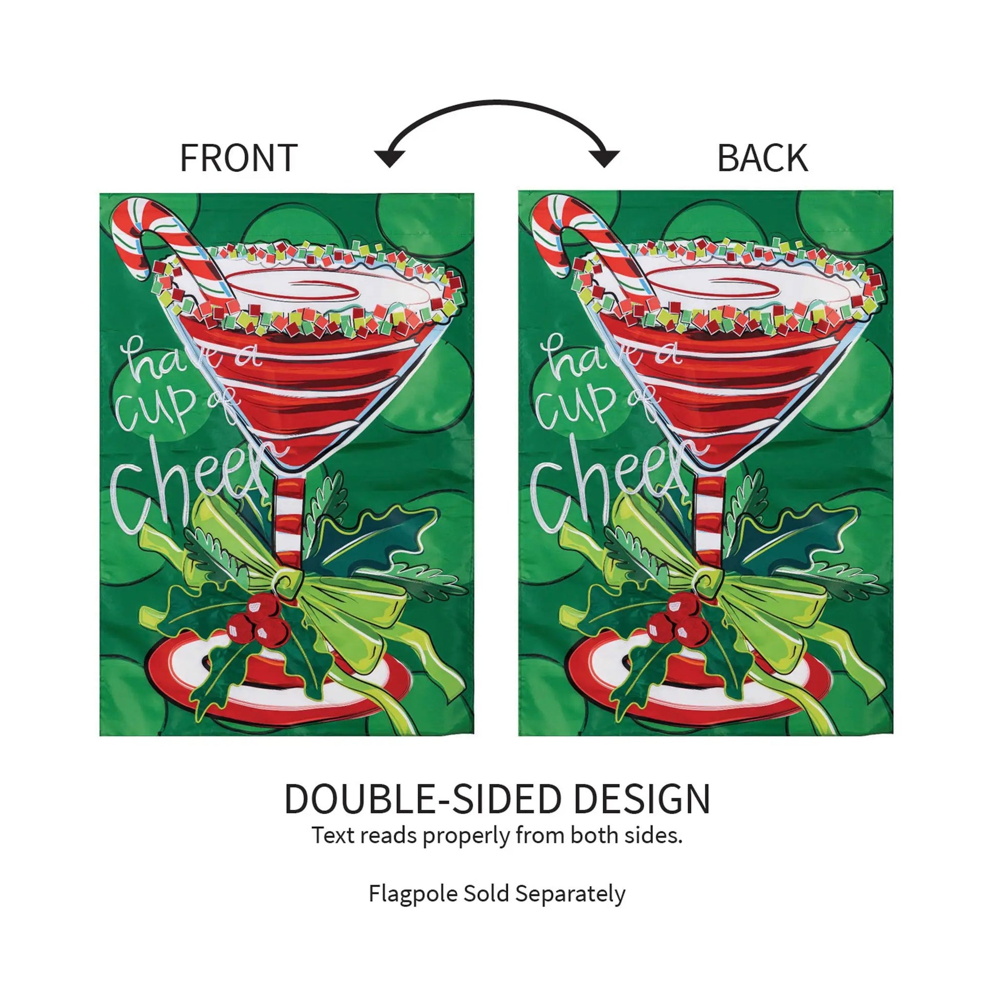 Have a Cup of Cheer flag with candy cane and festive cup on green background double-sided on Tampa Home & Garden Store