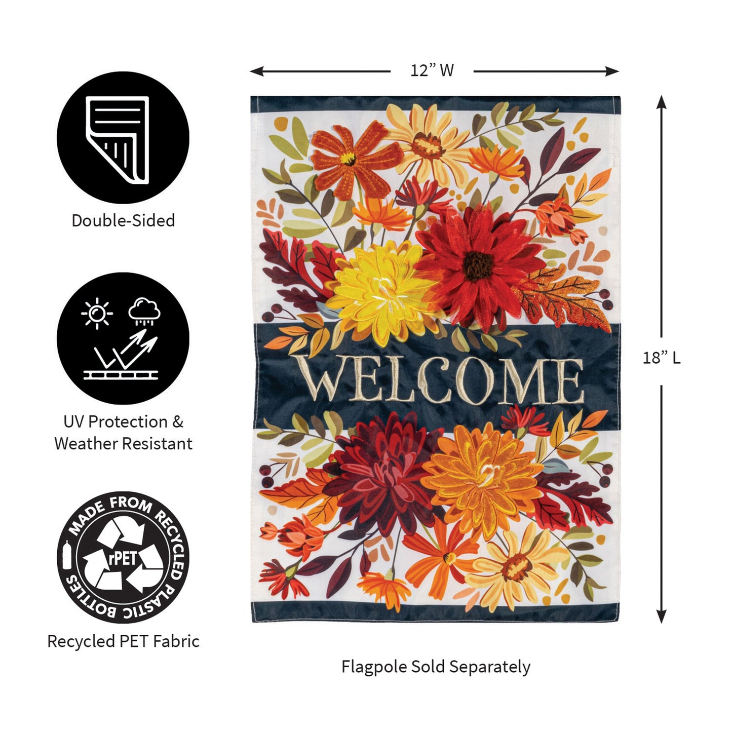 Fall Floral Applique Garden Flag by Evergreen Enterprises with orange blooms navy on Tampa Home & Garden Store