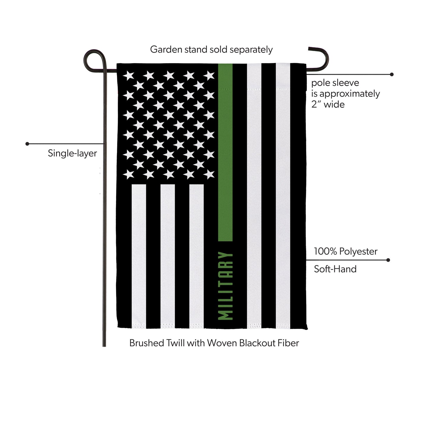 Military Thin Green Line Garden Suede Flag with white stars and vertical black/gray stripes on Tampa Home & Garden Store