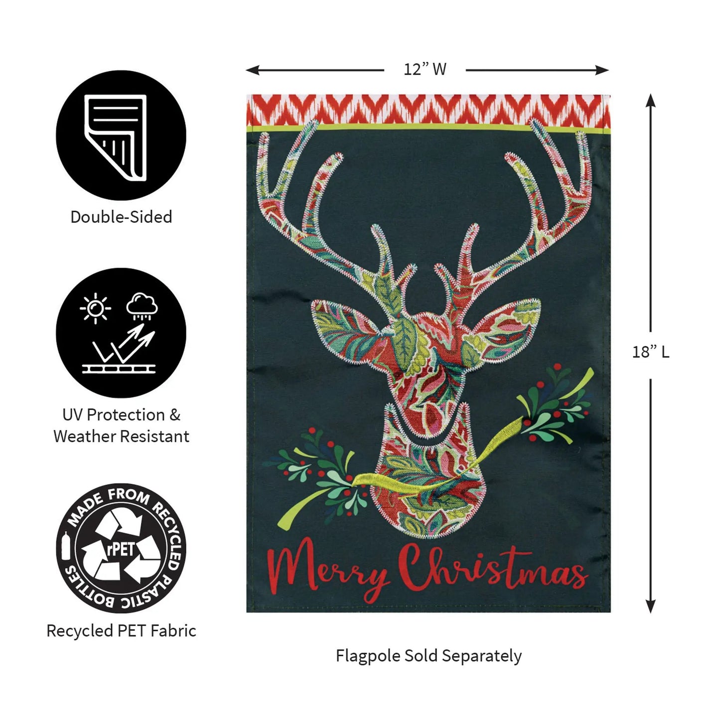 Patterned Reindeer Applique Garden Flag double-sided 12x18 in with reindeer navy backdrop on Tampa Home & Garden Store