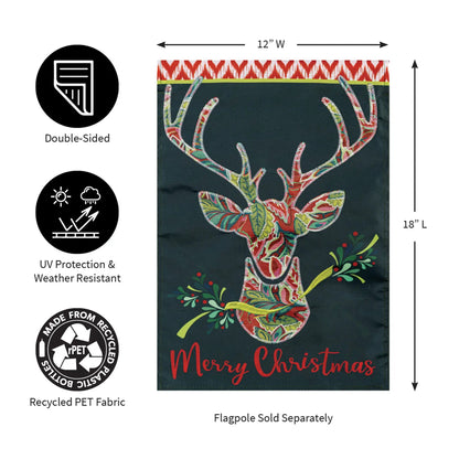 Patterned Reindeer Applique Garden Flag double-sided 12x18 in with reindeer navy backdrop on Tampa Home & Garden Store