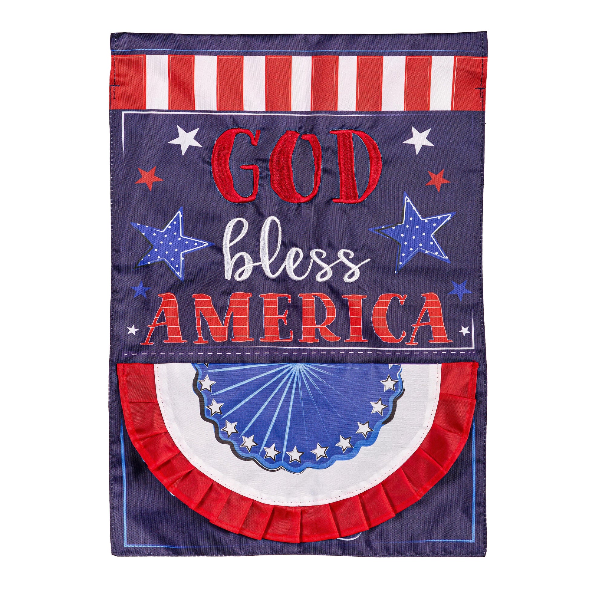Patriotic applique garden flag navy background with red GOD lettering and white stars on Tampa Home & Garden Store