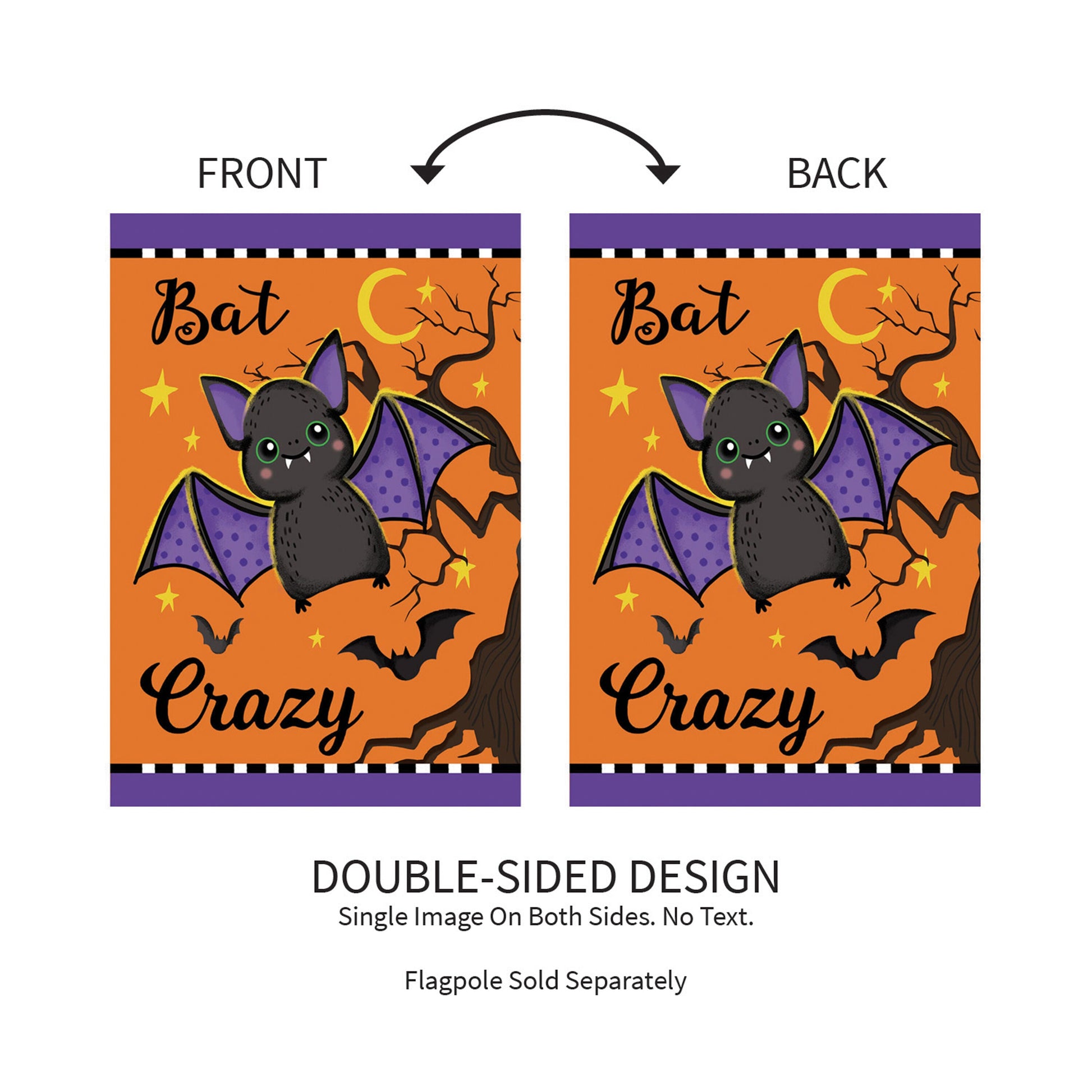 Gone Batty Applique Garden Flag two-sided orange panel with bat, purple header and border on Tampa Home & Garden Store