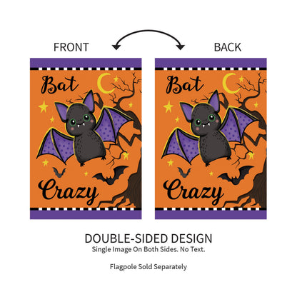 Gone Batty Applique Garden Flag two-sided orange panel with bat, purple header and border on Tampa Home & Garden Store