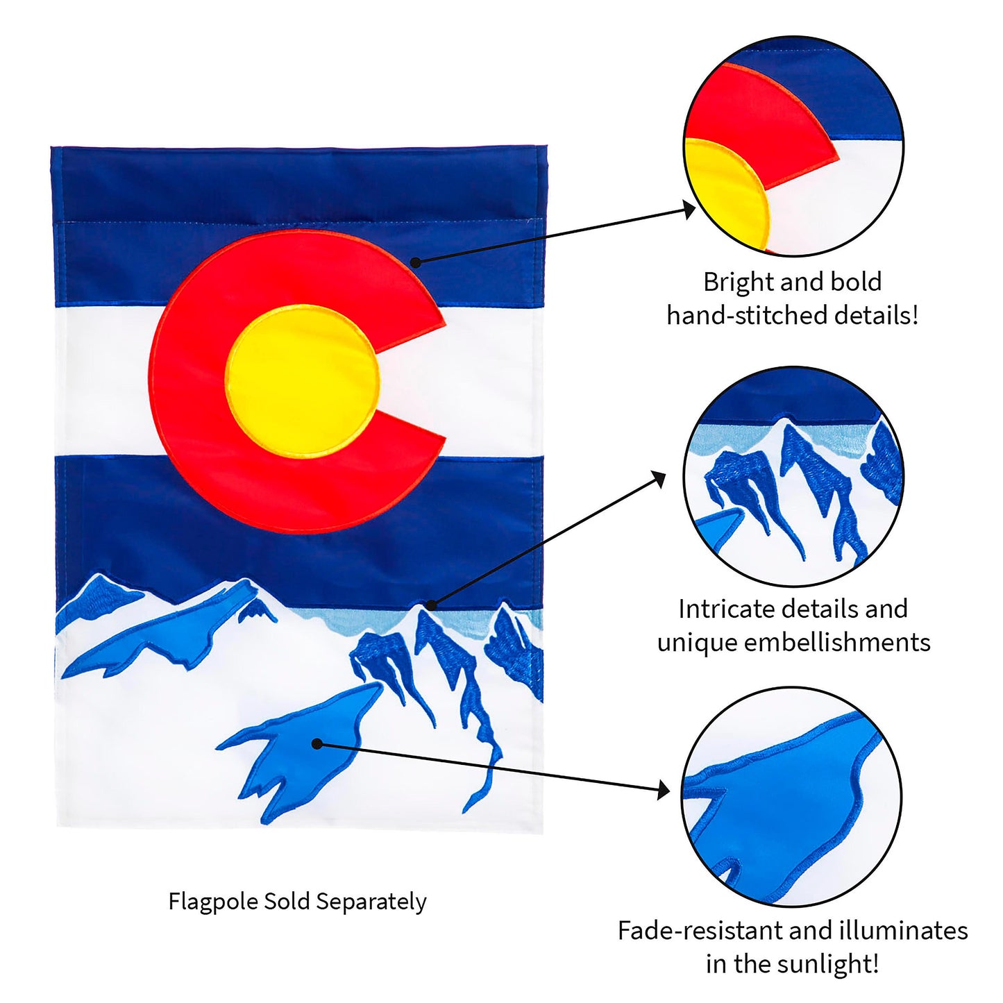 Colorado State Garden Applique Flag blue bordered flag featuring red C with yellow disk emblem on Tampa Home & Garden Store