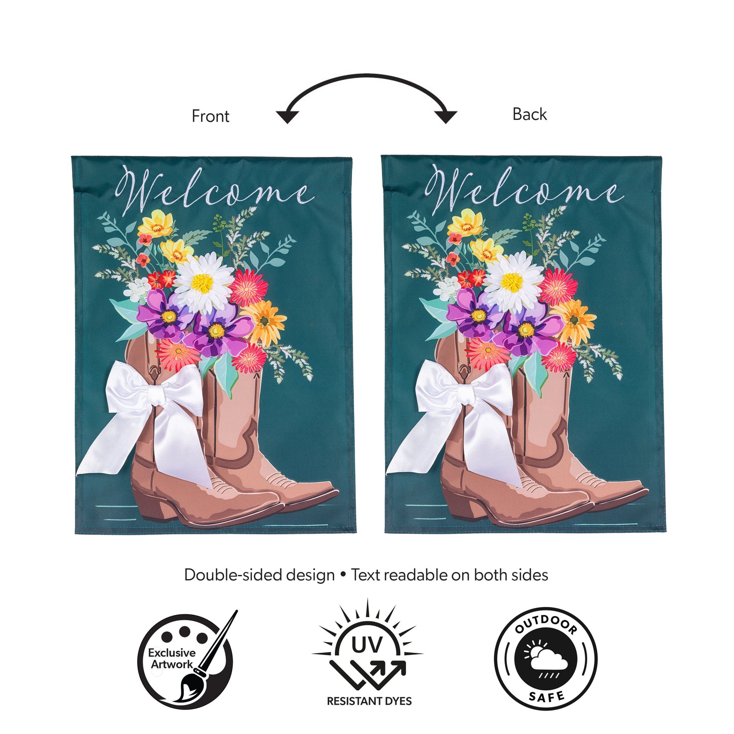 Boots and Bow Floral Applique Flag pair, teal background with bouquet and boots, double-sided on Tampa Home & Garden Store