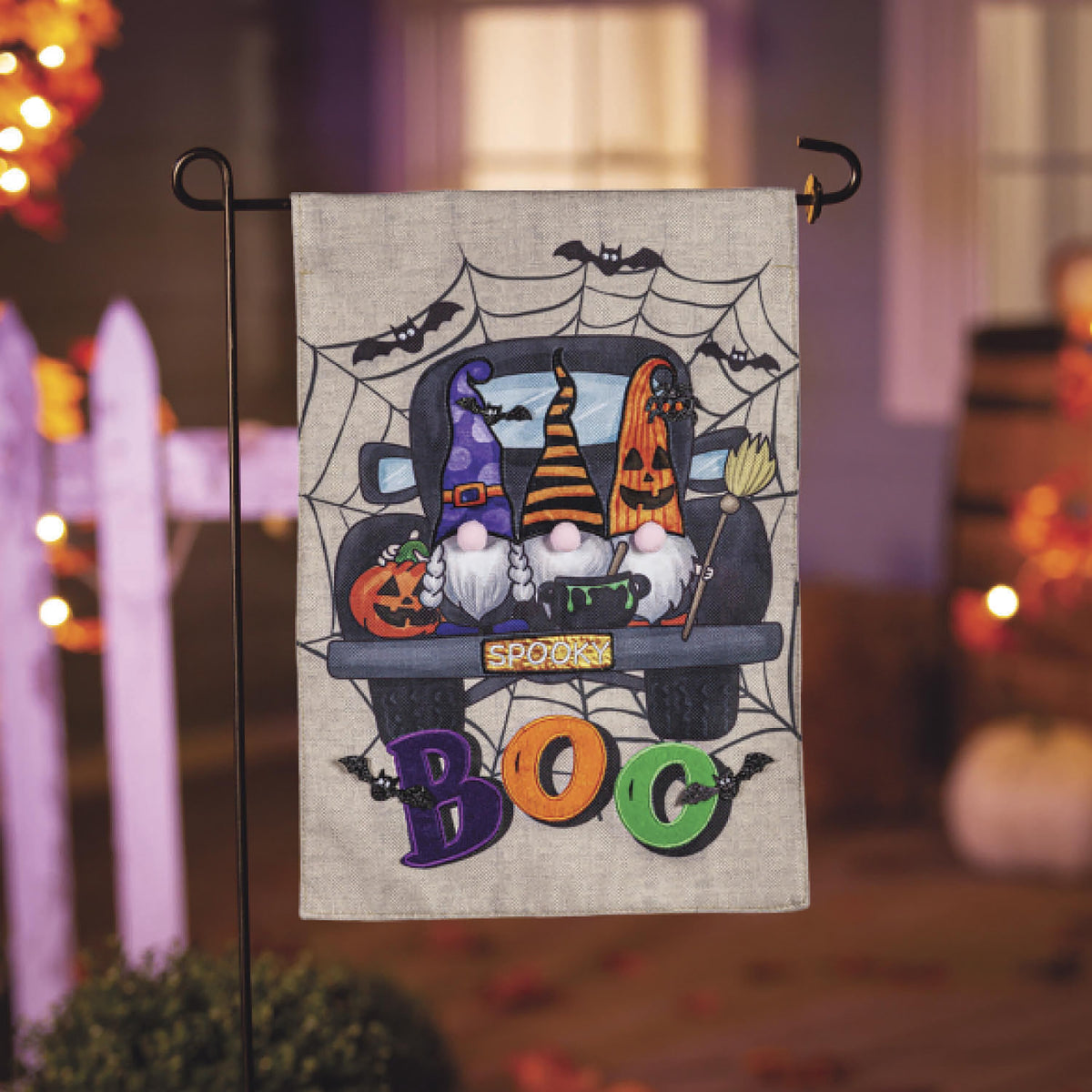Spooky Truck Garden Burlap Flag gray burlap Halloween scene with pumpkins and bats on Tampa Home & Garden Store