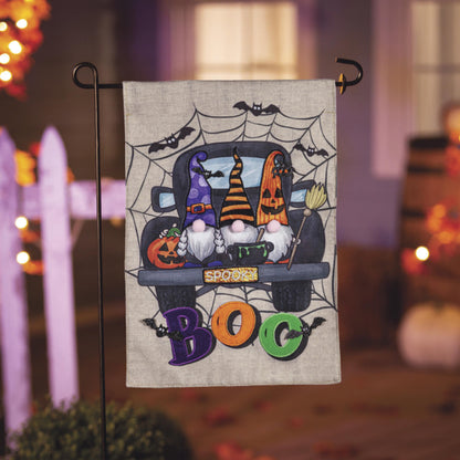 Spooky Truck Garden Burlap Flag gray burlap Halloween scene with pumpkins and bats on Tampa Home & Garden Store
