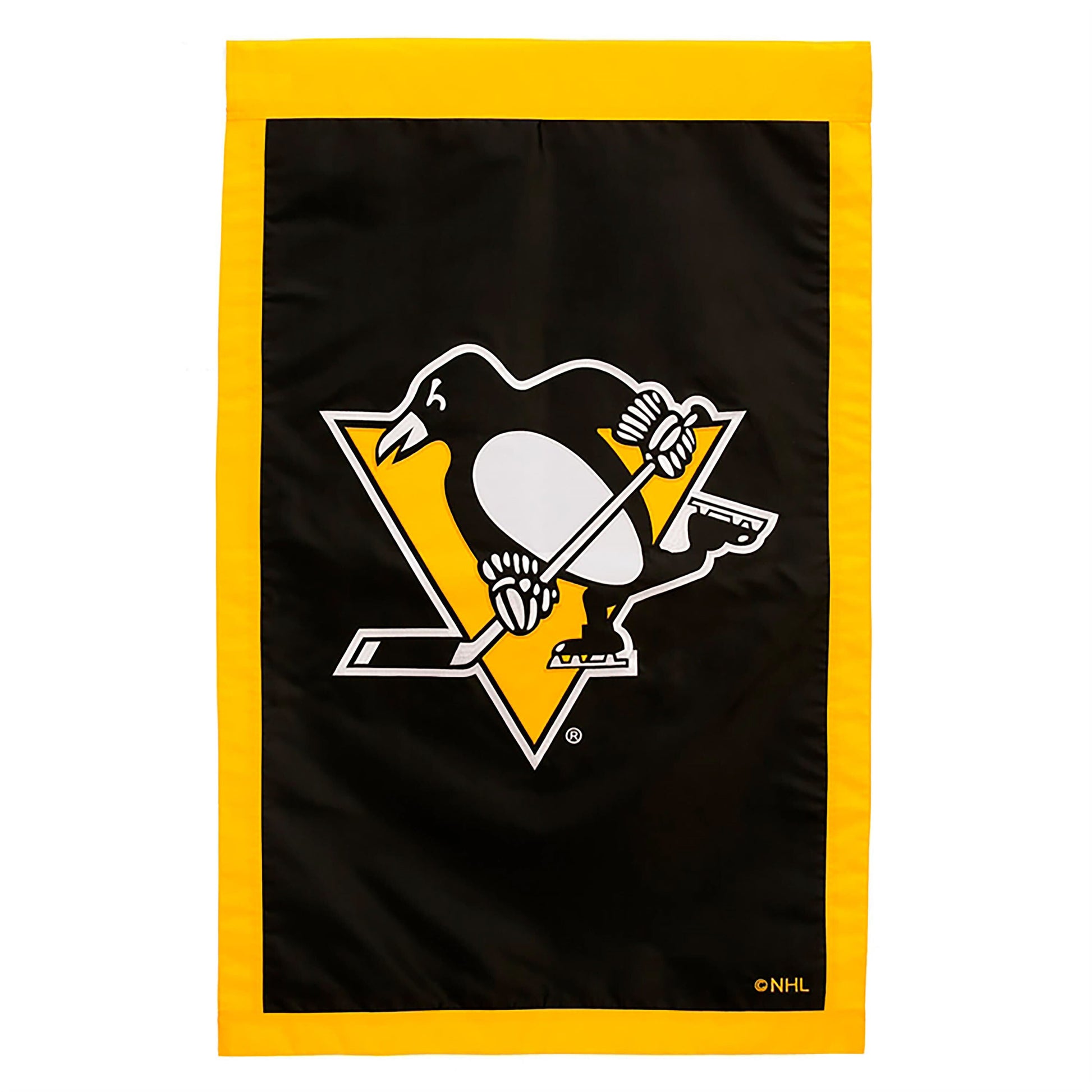 Pittsburgh Penguins applique flag with yellow border on black; NHL logo visible Tampa Store on Tampa Home & Garden Store