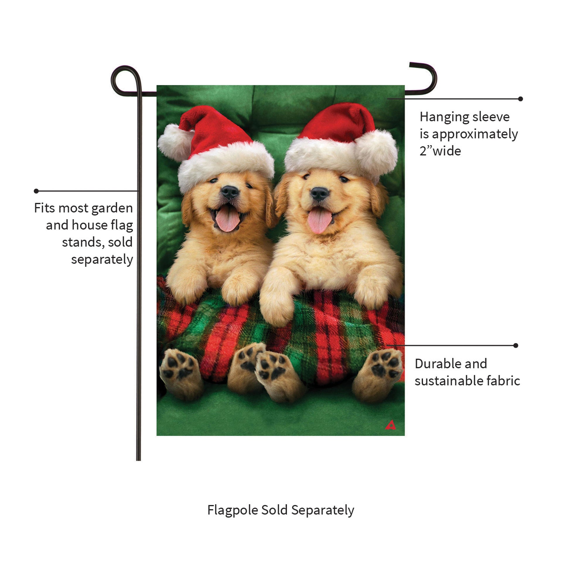 Cozy Goldies Lustre Garden Flag with two golden retrievers in Santa hats on plaid background on Tampa Home & Garden Store