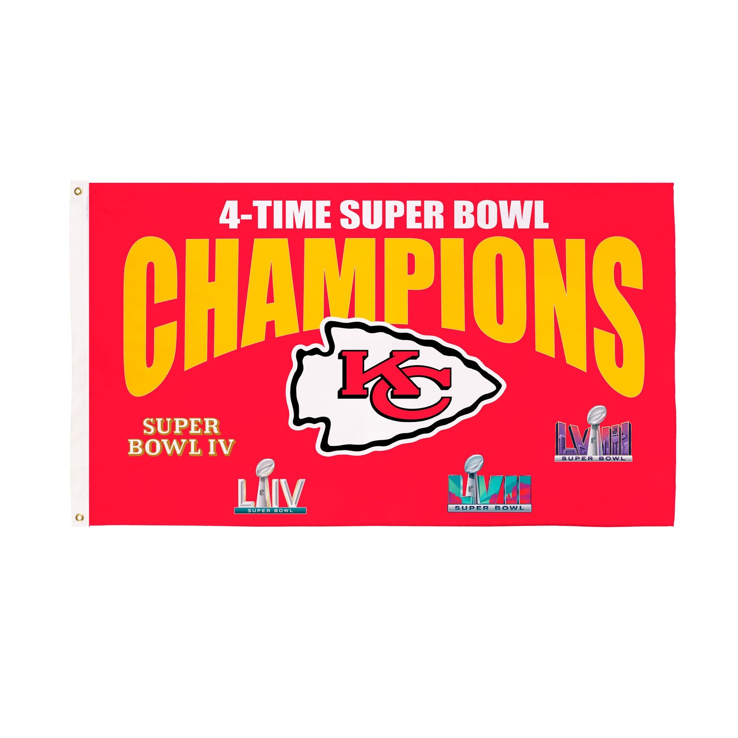 Kansas City Chiefs 3x5 sublimated flag with 4-time Super Bowl Champions text and KC logo on red background on Tampa Home & Garden Store