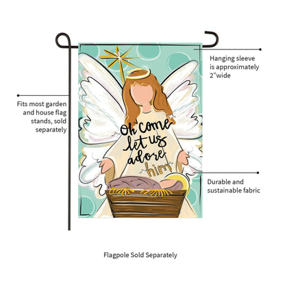 Oh Come Let Us Adore Him Applique Garden Flag with angel wings on teal background on Tampa Home & Garden Store