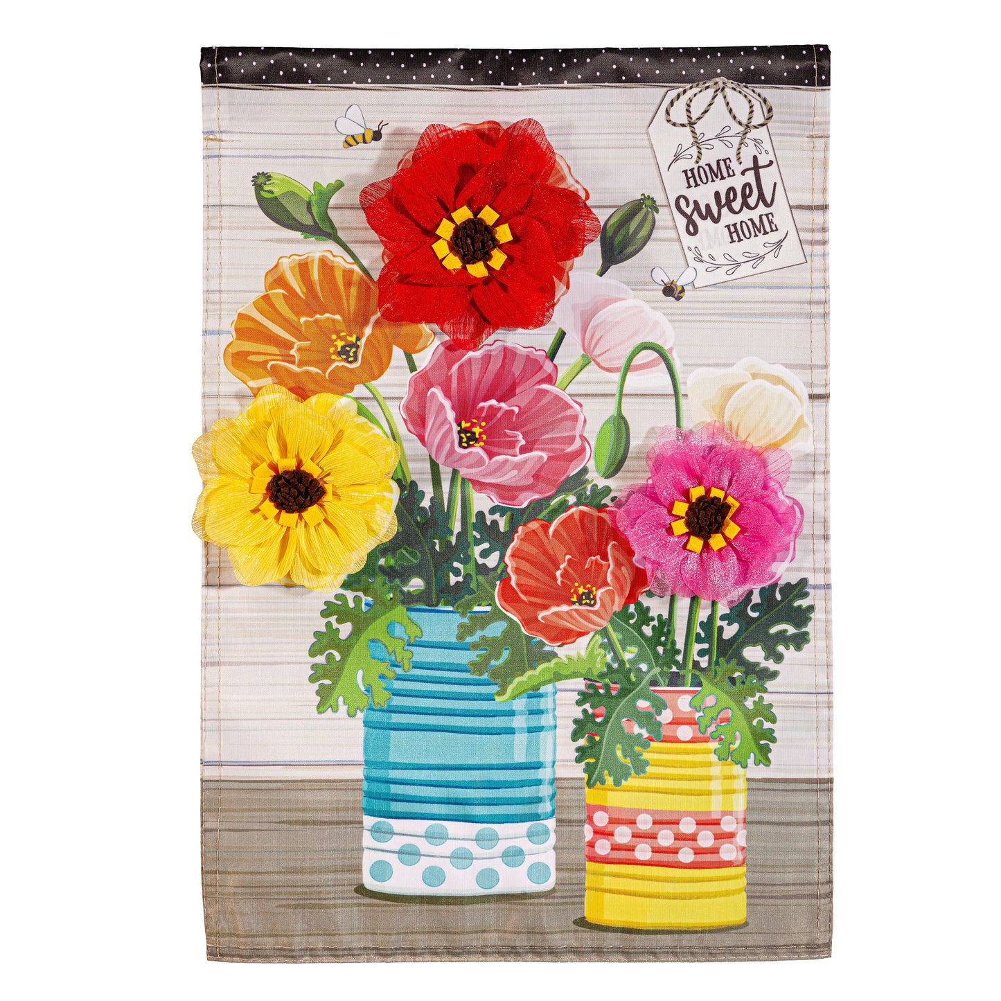 Poppies and Painted Cans Applique Garden Flag with bright red bloom and polka dot border on Tampa Home & Garden Store