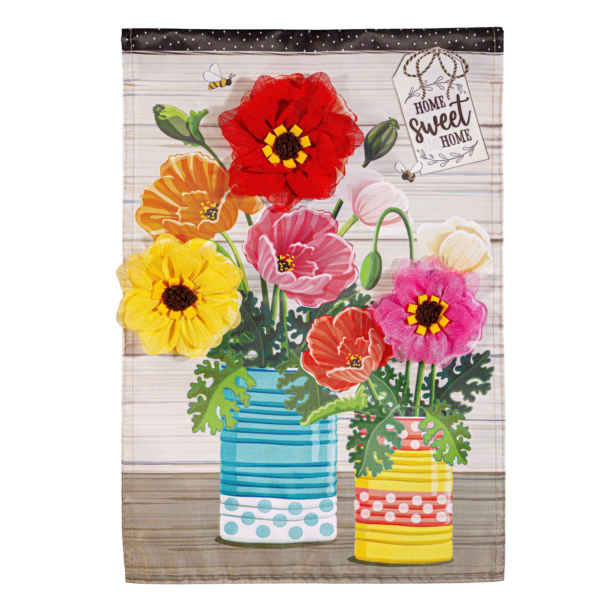 Poppies and Painted Cans Applique Garden Flag with bright red bloom and polka dot border on Tampa Home & Garden Store